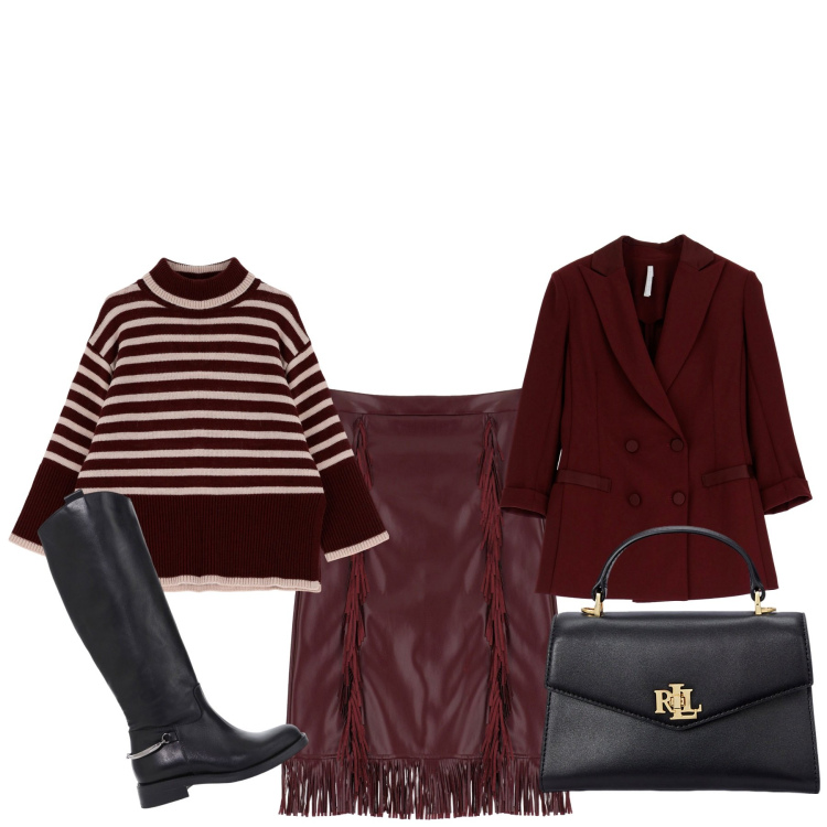 Outfit donna - Frange e righe. Stile Basic per Tutti i giorni. Abbinamento con maglieria, blazer, gonne longuette, stivali, borse a mano.