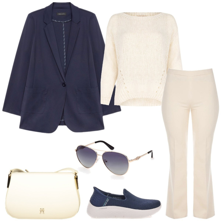 Outfit donna - Total look #2014562. Stile Casual per Tutti i giorni. Abbinamento con maglieria, pantaloni a palazzo, sneakers, blazer, borse a tracolla, occhiali da sole.