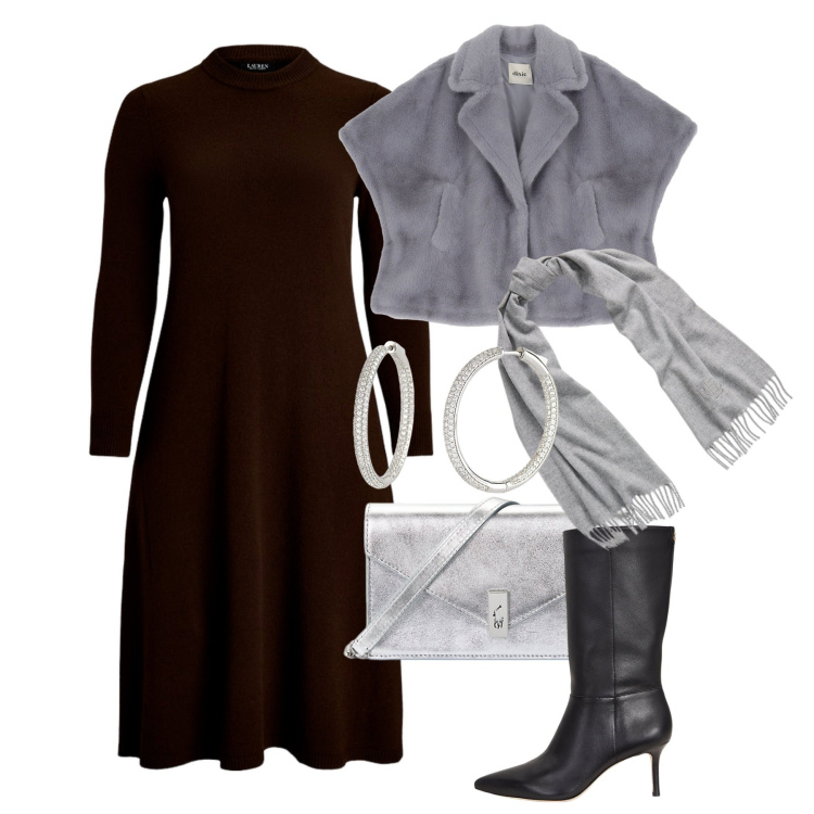 Outfit donna - Eleganza avvolgente. Stile Chic per Serata fuori. Abbinamento con orecchini, blazer, stivali, vestiti, clutch, sciarpe.