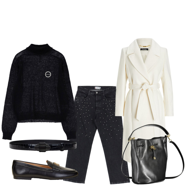 Outfit donna - Il cappotto bianco. Stile Basic per Tutti i giorni. Abbinamento con pantaloni, maglieria, mocassini, cappotti, cinture, borse a mano.
