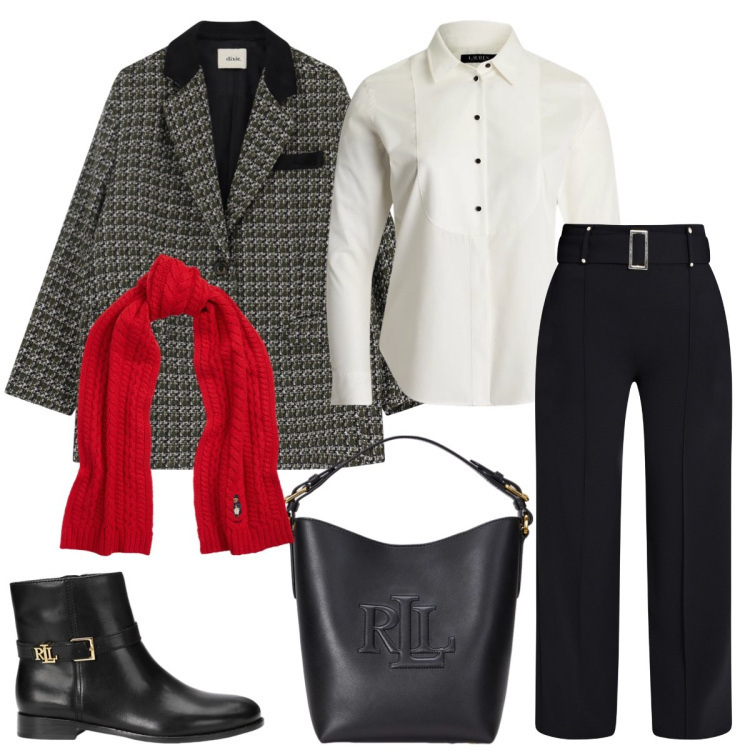 Outfit donna - Total look #2014569. Stile Mannish per Ufficio. Abbinamento con pantaloni, blazer, sciarpe, stivaletti, borse a secchiello, camicie.