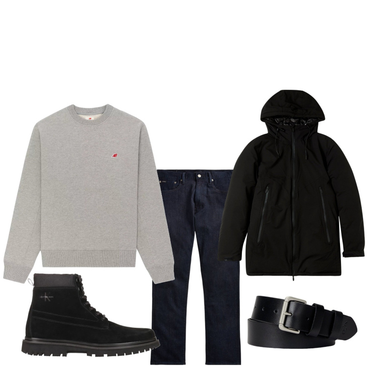 Outfit uomo - Saldi mood. Stile Urban per Tutti i giorni. Abbinamento con stivali e stivaletti, parka, felpe, cinture, jeans dritti.