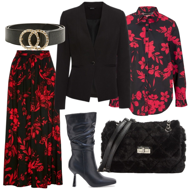 Outfit donna - Feste chic. Stile Chic per Serata fuori. Abbinamento con gonne lunghe, blazer, camicie, borse a spalla, cinture, stivali.