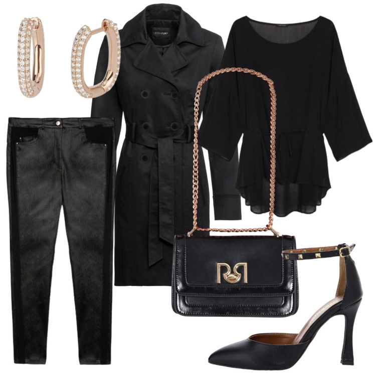 Outfit donna - Serata elegante. Stile Chic per Serata fuori. Abbinamento con trench, orecchini, borse a tracolla, décolleté, bluse, pantaloni skinny.