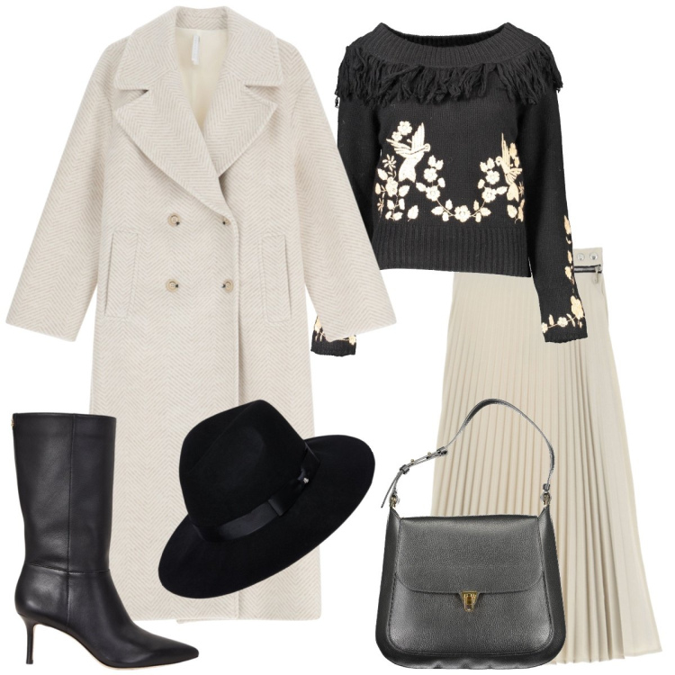 Outfit donna - Total look #2014597. Stile Romantica per Tutti i giorni. Abbinamento con cappotti, gonne, stivali, cappelli, maglieria, borse a spalla.