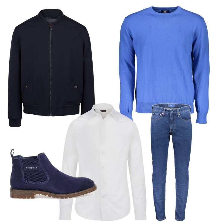 Outfit uomo - Mille toni del blu. Stile Urban per Tutti i giorni. Abbinamento con stivali e stivaletti, jeans, camicie, maglieria, bomber.