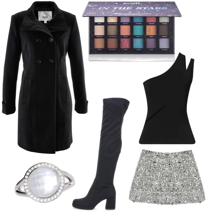 Outfit donna - La minigonna argento. Stile Glamour per Serata fuori. Abbinamento con cappotti, top, ombretti, anelli, minigonne, stivali.