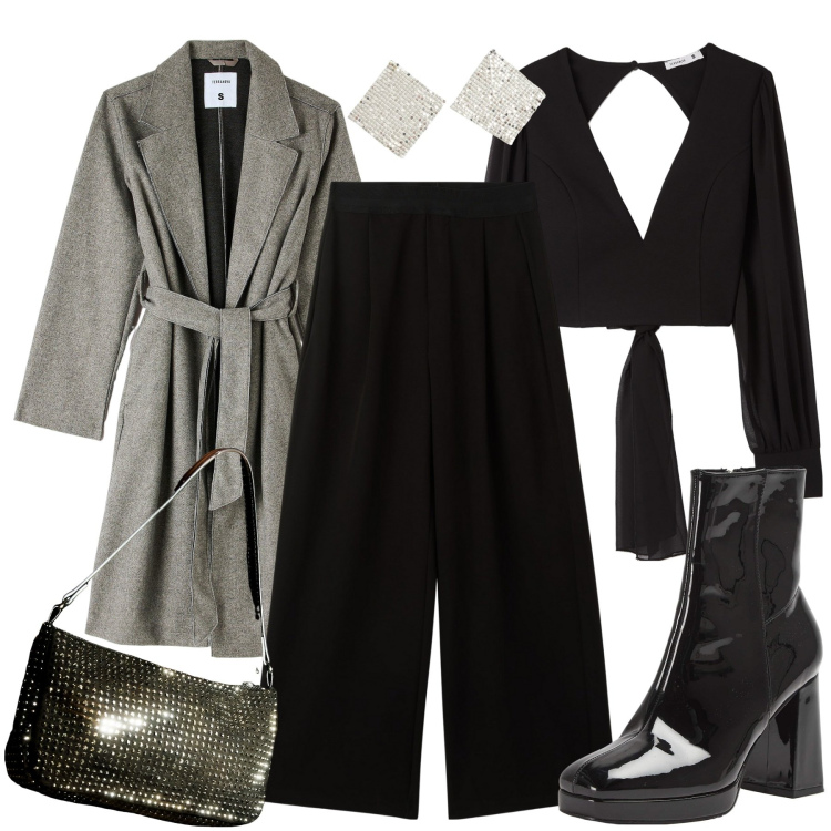 Outfit donna - Party style. Stile Chic per Serata fuori. Abbinamento con orecchini, bluse, pantaloni, cappotti, stivaletti, borse a spalla.