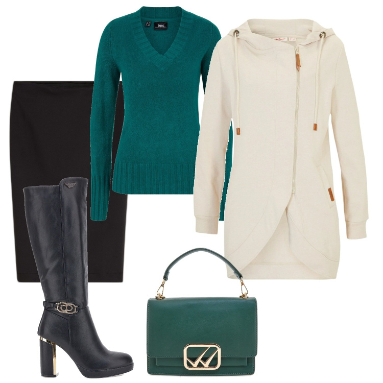 Outfit donna - Verde. Stile Basic per Serata fuori. Abbinamento con maglieria, gonne longuette, blazer, stivali, borse a tracolla.