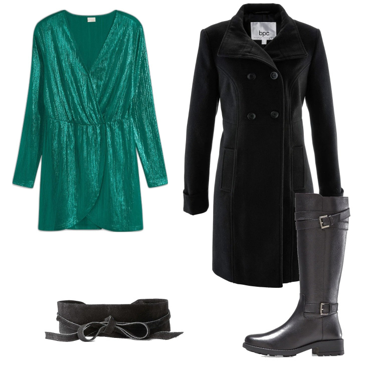 Outfit donna - Nero e verde. Stile Glamour per Serata fuori. Abbinamento con stivali, cinture, cappotti, vestiti corti.