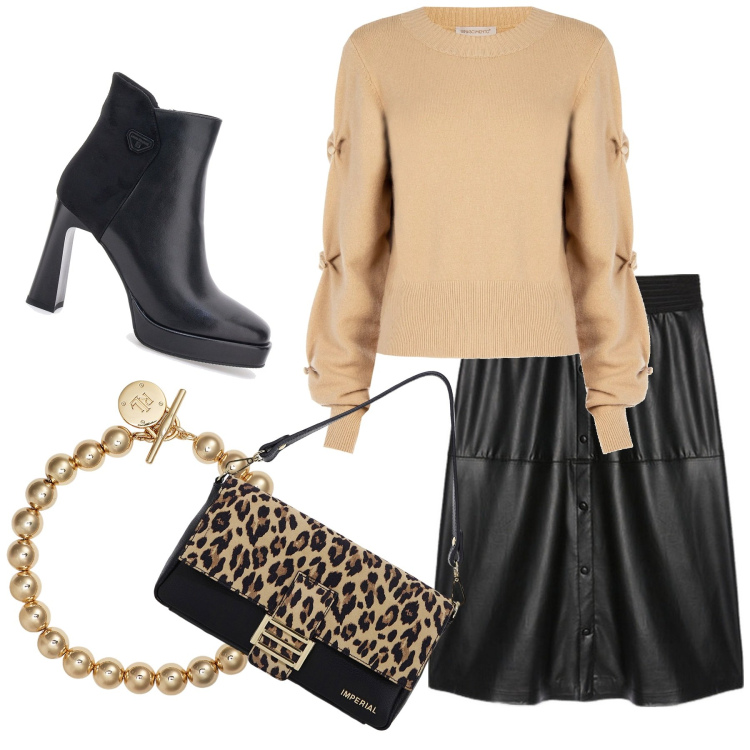 Outfit donna - Brindisi in ufficio. Stile Trendy per Ufficio. Abbinamento con maglieria, borse a spalla, braccialetti, stivaletti, gonne lunghe.