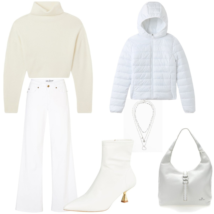 Outfit donna - White. Abbinamento con jeans, collane, stivaletti, blazer, maglieria, borse a spalla.
