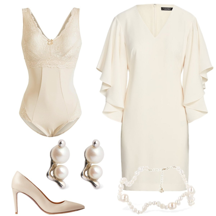 Outfit donna - Sposa di Dicembre. Stile Chic per Cerimonia. Abbinamento con body, vestiti, décolleté, collane, orecchini.