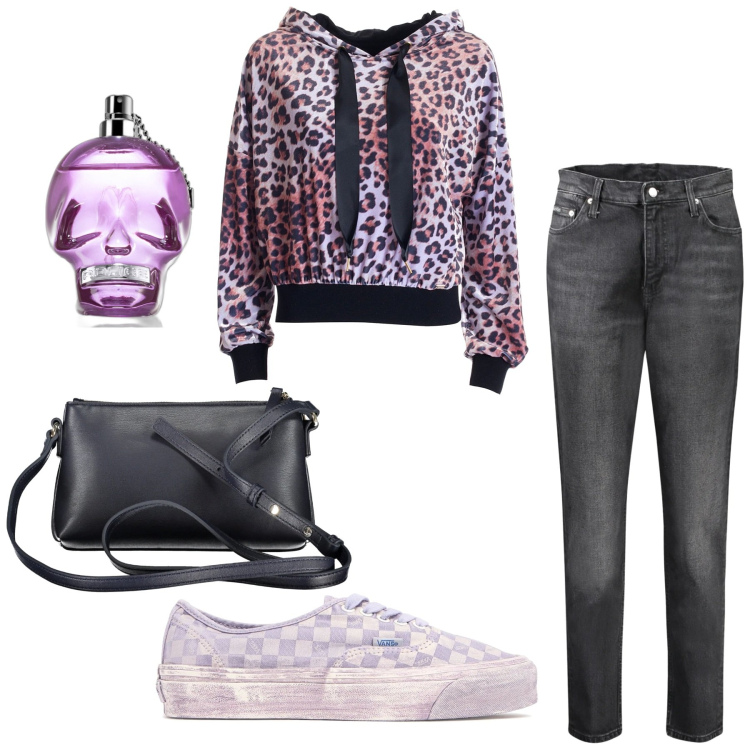 Outfit donna - Skull. Stile Urban per Tutti i giorni. Abbinamento con profumi, felpe con cappuccio, jeans mom, borse a tracolla, sneakers.