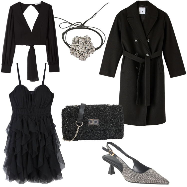 Outfit donna - Night party Terranova Xmas Edition 2024. Stile Glamour per Serata fuori. Abbinamento con borse a tracolla, collane, bluse, vestiti corti, décolleté, cappotti.