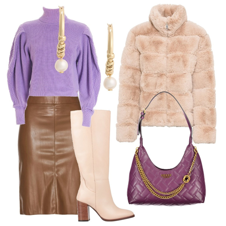 Outfit donna - Giorno e notte. Stile Casual chic per Serata fuori. Abbinamento con ecopellicce, gonne longuette, stivali, maglieria, orecchini, borse a spalla.
