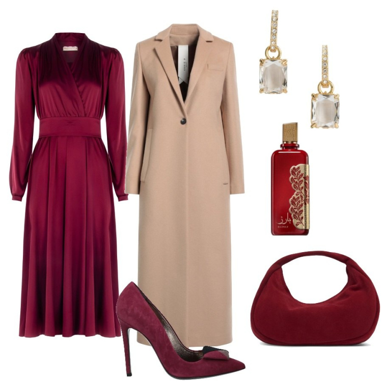 Outfit donna - Battesimo d\'inverno. Stile Chic per Cerimonia. Abbinamento con cappotti, décolleté, profumi, vestiti lunghi, orecchini, borse a mano.