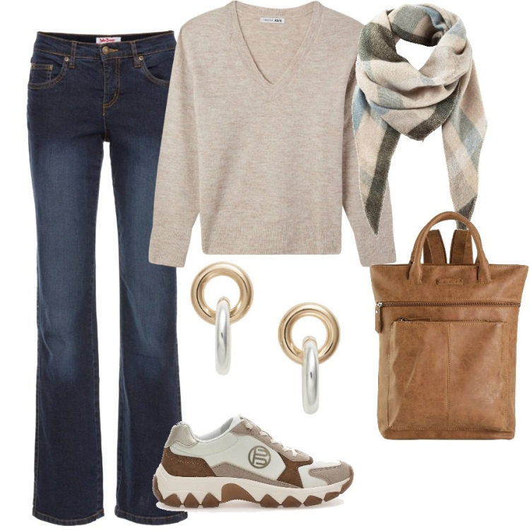 Outfit donna - giorni lavorativi dii dicembre. Stile Casual per Scuola/Università. Abbinamento con jeans dritti, sciarpe, zaini, maglieria, orecchini, sneakers.