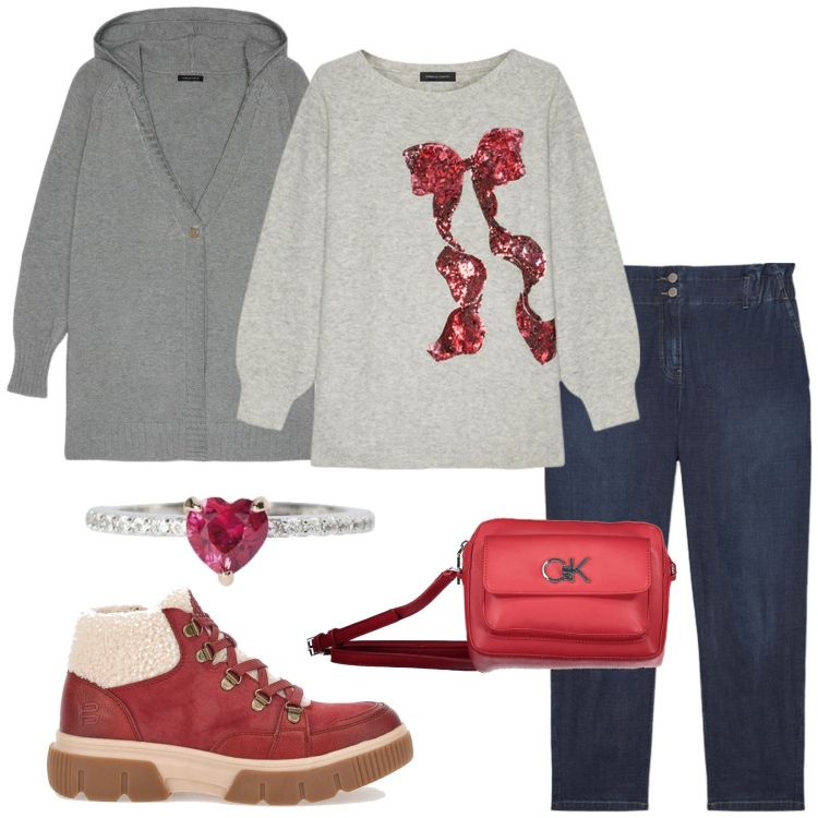 Outfit donna - Cozy Christmas. Stile Casual per Tutti i giorni. Abbinamento con anelli, stivaletti, maglieria, jeans, borse a tracolla, cardigans.