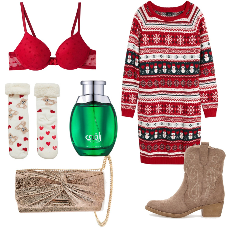 Outfit donna - Idee natalizie. Stile Trendy per Tutti i giorni. Abbinamento con vestiti, profumi, calzini, reggiseni push-up, stivaletti, pochette.