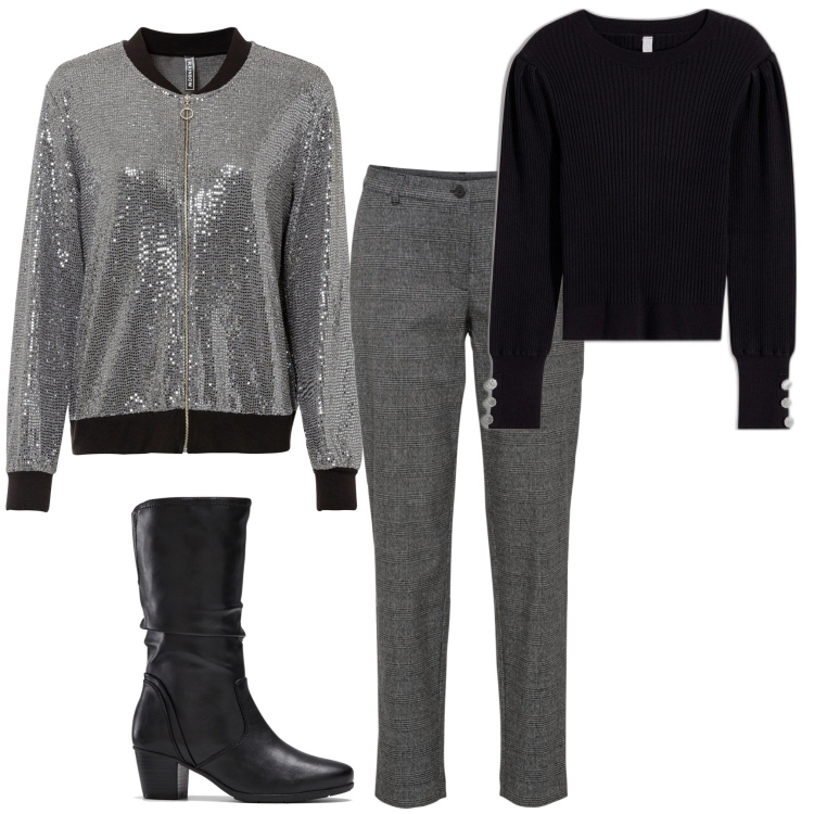 Outfit donna - Party glam. Stile Casual chic per Serata fuori. Abbinamento con pantaloni, stivali, bomber, maglieria.
