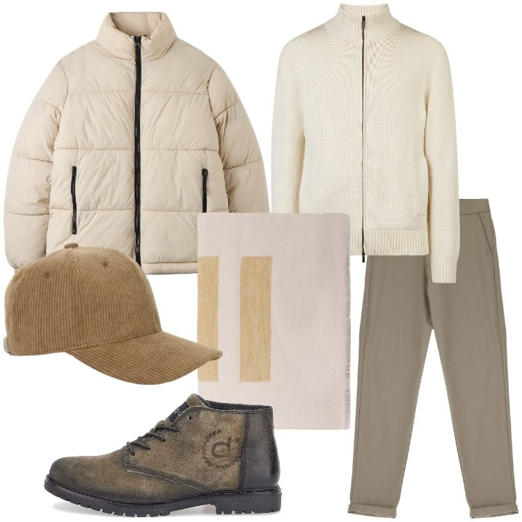 Outfit uomo - Colori neutri. Stile Trendy per Serata speciale. Abbinamento con piumini, pantaloni, cappelli, sciarpe e foulard, scarpe stringate, cardigans.