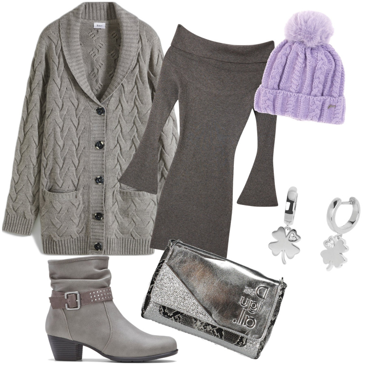 Outfit donna - Lilla sul grigio. Stile Bon Ton per Ufficio. Abbinamento con cardigans, stivaletti, vestiti corti, orecchini, berretti, borse a spalla.