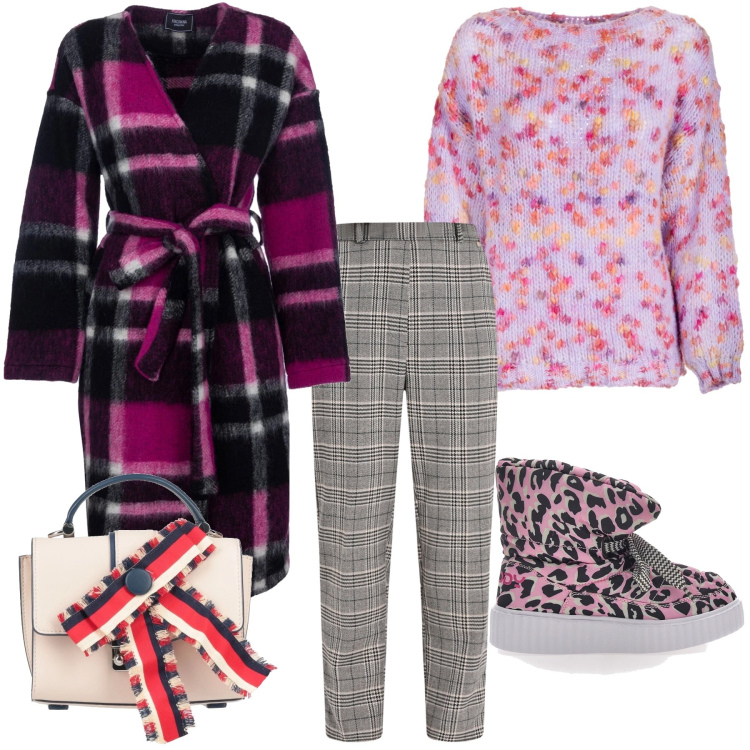 Outfit donna - Mix and match look. Stile Trendy per Tutti i giorni. Abbinamento con borse a mano, pantaloni, maglieria, cappotti, stivaletti.