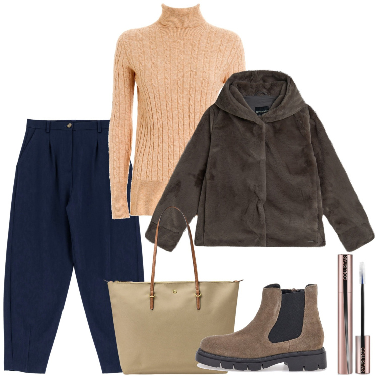 Outfit donna - Look power casual - Focus Donna Curvy It. Stile Casual per Ufficio. Abbinamento con mascara, maglieria, blazer, pantaloni, borse tote, stivaletti.