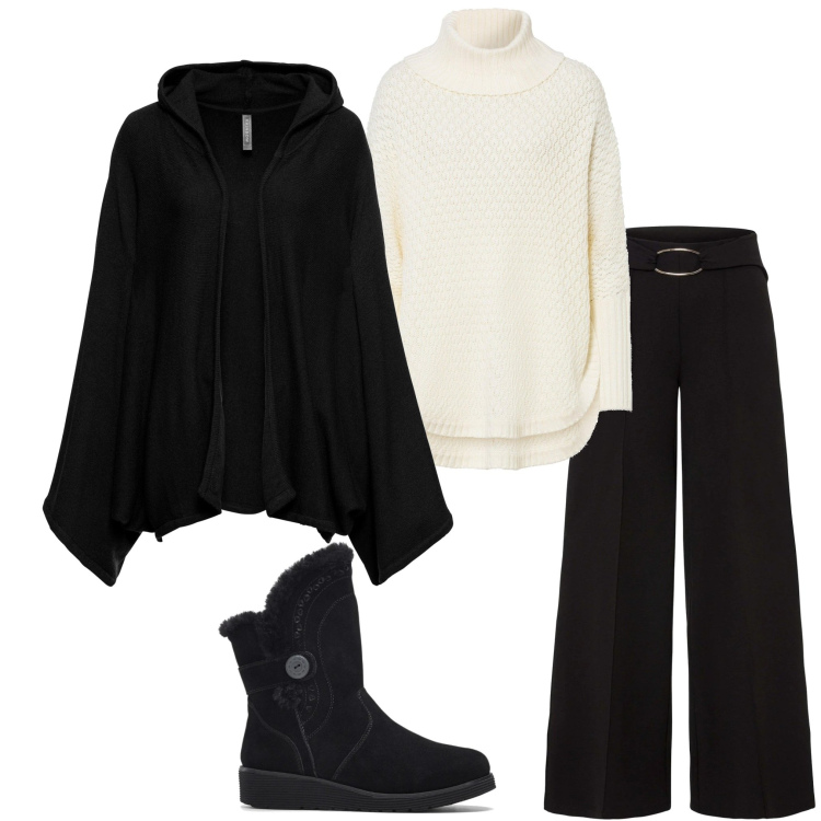 Outfit donna - Party glam. Stile Casual chic per Serata fuori. Abbinamento con pantaloni a palazzo, maglieria, stivali, cardigans.