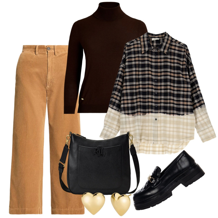 Outfit donna - Look power casual - Focus Donna Curvy It. Stile Casual per Ufficio. Abbinamento con orecchini, mocassini, camicie, borse a tracolla, pantaloni, maglieria.