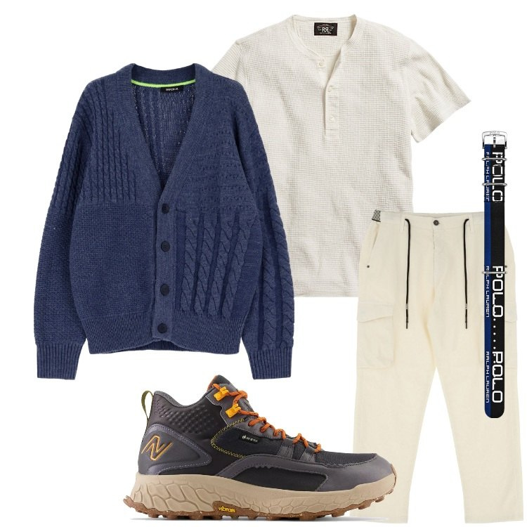 Outfit uomo - Il cardigan abbinalo così. Stile Trendy per Tutti i giorni. Abbinamento con scarpe sportive, pantaloni cargo, cardigans, t-shirt, orologi.