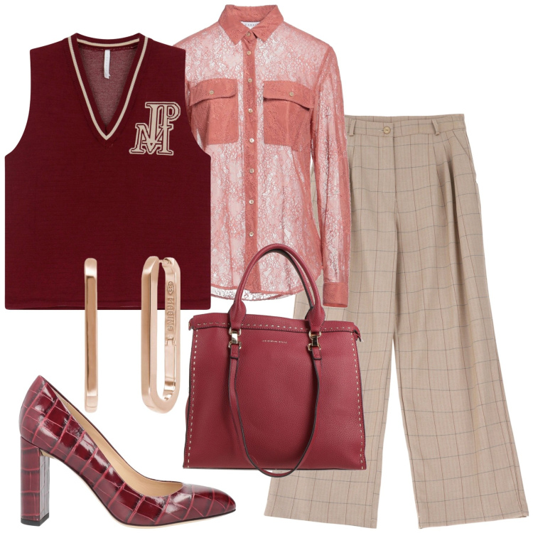 Outfit donna - Pranzo aziendale. Stile Bon Ton per Ufficio. Abbinamento con camicie, décolleté, borse a mano, pantaloni, orecchini, gilet.