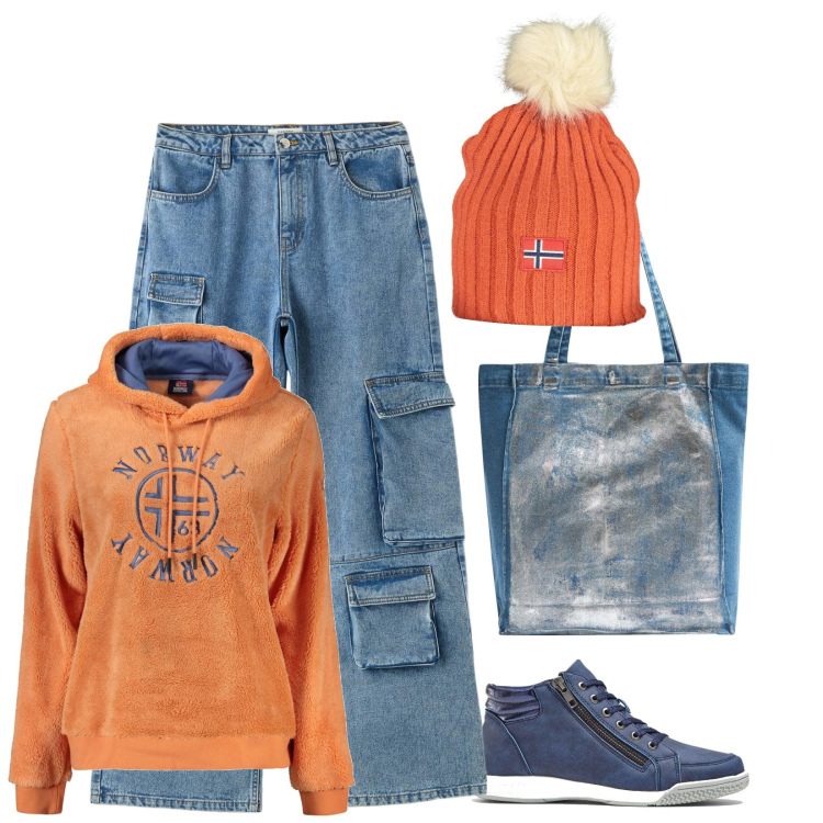 Outfit donna - Arrivoo. Stile Casual per Tutti i giorni. Abbinamento con sneakers alte, jeans, shopping bag, berretti, felpe con cappuccio.