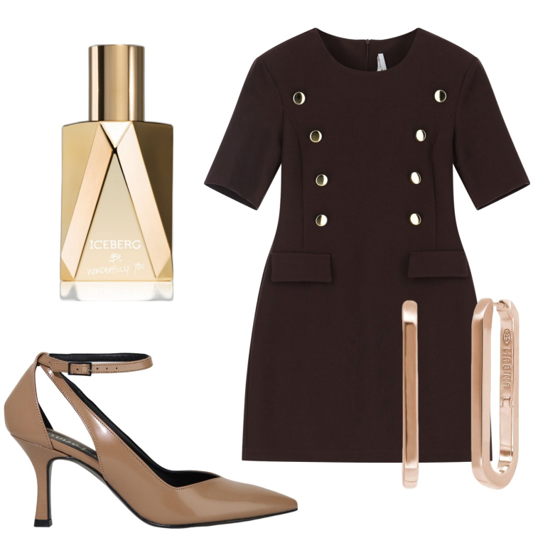 Outfit donna - Eleganza. Stile Chic per Serata fuori. Abbinamento con profumi, orecchini, vestiti corti, décolleté.
