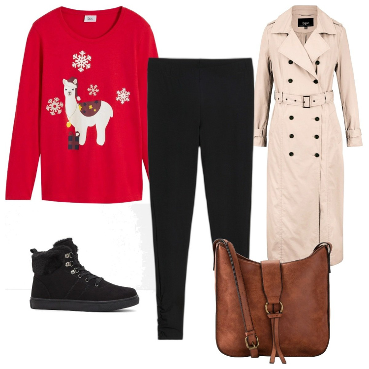 Outfit donna - Bonprix Party Glam: maglione natalizio. Stile Trendy per Tutti i giorni. Abbinamento con borse a tracolla, sneakers alte, leggings, maglieria, trench.