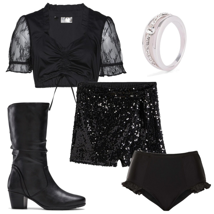 Outfit donna - Bonprix Party Glam: scintillante. Stile Glamour per Serata fuori. Abbinamento con stivali, anelli, shorts, camicie, slip.