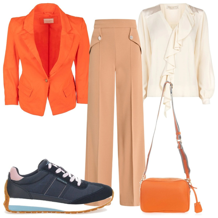 Outfit donna - Look power casual- un tocco di colore. Stile Casual per Tutti i giorni. Abbinamento con pantaloni a palazzo, camicie, blazer, borse a tracolla, sneakers.