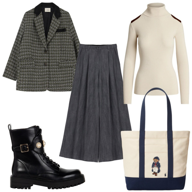 Outfit donna - Look power casual- blazer a quadri. Stile Trendy per Tutti i giorni. Abbinamento con anfibi, pantaloni a palazzo, blazer, maglieria, borse tote.