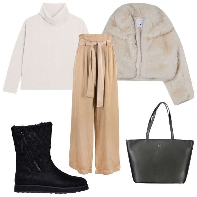 Outfit donna - Look power casual- colori neutri. Stile Casual per Tutti i giorni. Abbinamento con blazer, pantaloni a palazzo, maglieria, stivaletti, borse a spalla.