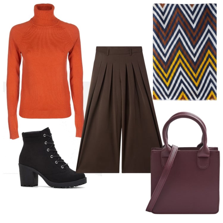 Outfit donna - Winter Wonderland: 70s. Stile 70s per Tutti i giorni. Abbinamento con stivaletti, pantaloni a palazzo, shopping bag, maglieria, sciarpe.
