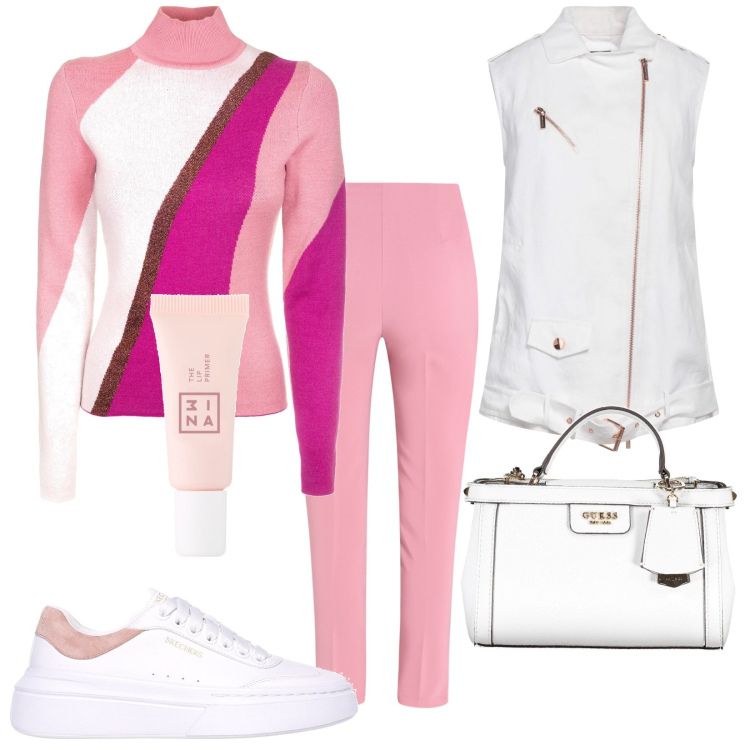 Outfit donna - Total look #2014731. Stile Casual chic per Tutti i giorni. Abbinamento con blazer, primer, pantaloni, maglieria, sneakers, borse a tracolla.