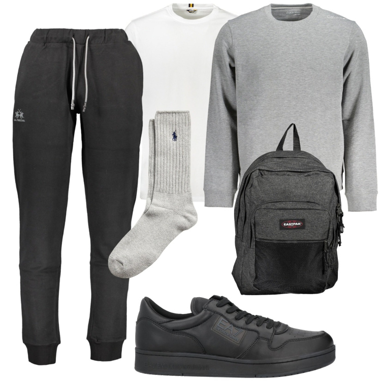 Outfit uomo - Total look #2014735. Stile Casual per Sport. Abbinamento con sneakers, calzini, pantaloni, felpe sportive, t-shirt, borse sportive.