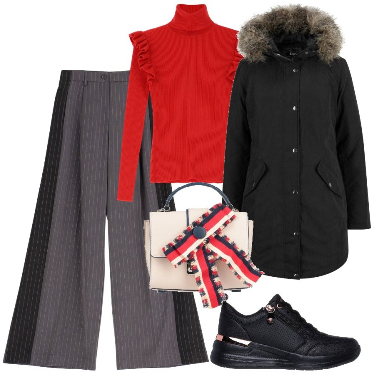 Outfit donna - Xmas shopping. Stile Casual chic per Tutti i giorni. Abbinamento con parka, borse a mano, maglieria, pantaloni, scarpe stringate.