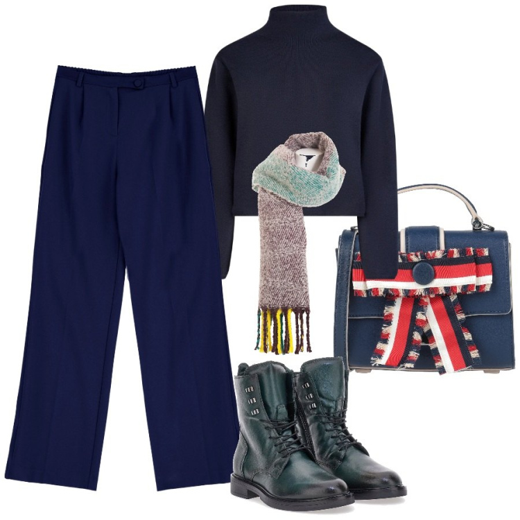 Outfit donna - Xmas shopping. Stile Casual chic per Tutti i giorni. Abbinamento con borse a mano, pantaloni, sciarpe, anfibi, cardigans.