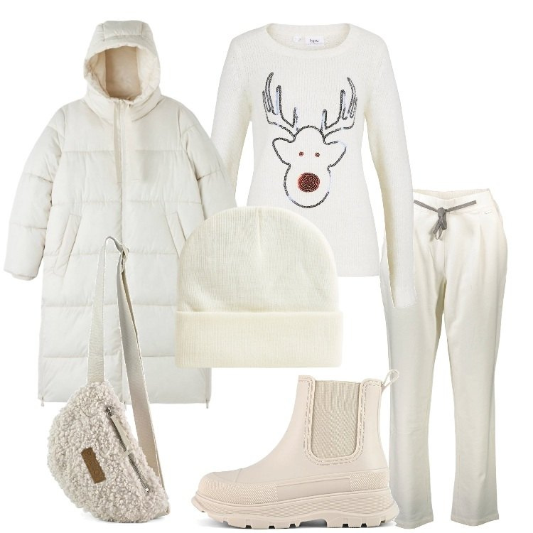 Outfit donna - Bianco invernale a dicembre - @marystyle. Stile Basic per Tutti i giorni. Abbinamento con maglieria, piumini, berretti, stivali, marsupi, pantaloni.