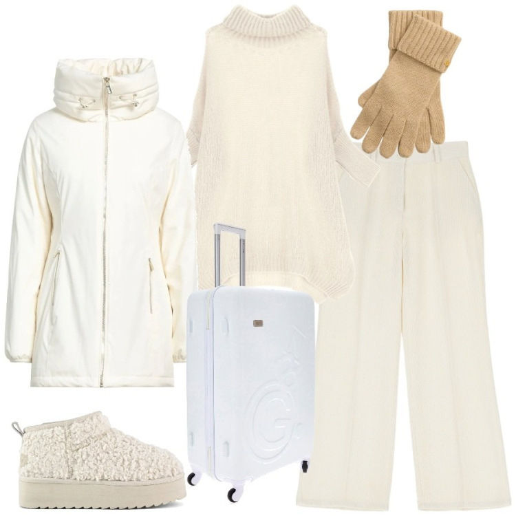 Outfit donna - In partenza per le feste. Stile Casual chic per Tutti i giorni. Abbinamento con piumini, pantaloni, maglieria, guanti, stivaletti, valigie.