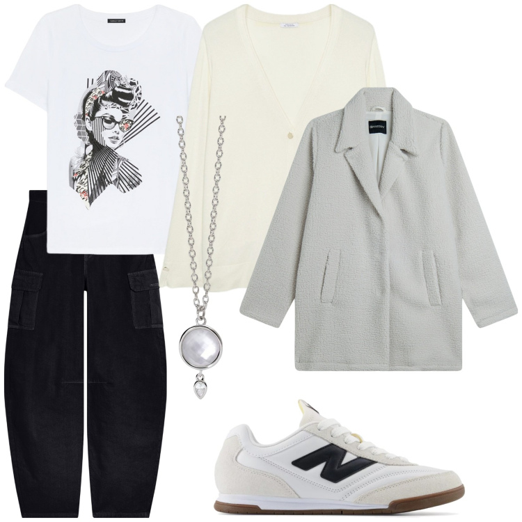 Outfit donna - Bianchi di dicembre. Stile Trendy per Tutti i giorni. Abbinamento con collane, sneakers, cappotti, pantaloni cargo, t-shirt, cardigans.
