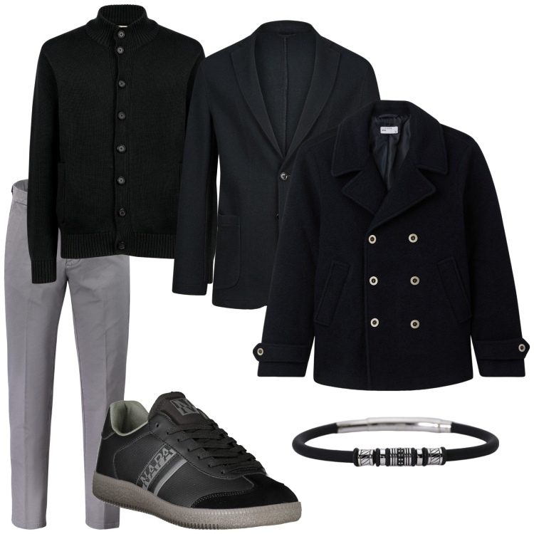 Outfit uomo - Nero in dicembre. Stile Business/Elegante per Tutti i giorni. Abbinamento con cappotti, braccialetti, pantaloni, cardigans, sneakers, giacche.