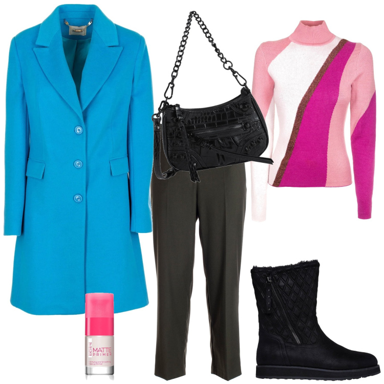Outfit donna - Colore sul nero. Stile Trendy per Tutti i giorni. Abbinamento con borse a mano, primer, pantaloni, maglieria, cappotti, stivaletti.